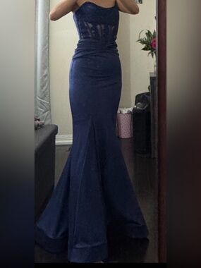 Strapless Navy Mermaid Maxi Dress with Lace Bodice